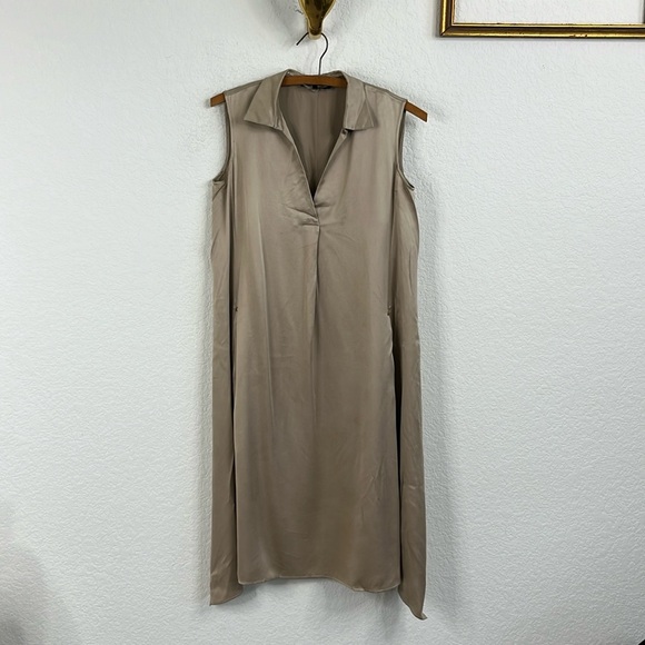 Lafayette148 Silk Sleeveless Polo Dress Tunic V Neck Pockets Hardware Metallic